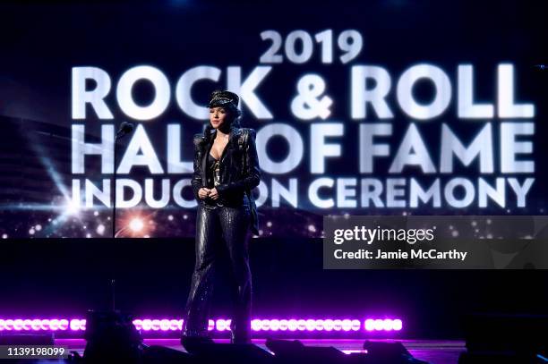 Janelle Monáe speaks onstage during at the 2019 Rock & Roll Hall Of Fame Induction Ceremony - Show at Barclays Center on March 29, 2019 in New York...