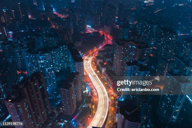 aerial shot of night in shanghai. - city birdseye stock pictures, royalty-free photos & images