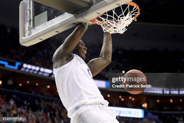 Zion Williamson of the Duke Blue Devils dunks the ball against the Virginia Tech Hokies during the second half in the East Regional game of the 2019...