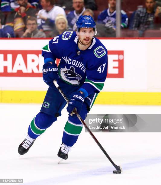 Sven Baertschi of the Vancouver Canucks skates up ice during their NHL game against the Anaheim Ducks at Rogers Arena March 26, 2019 in Vancouver,...