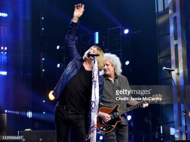 Inductee Joe Elliott of Def Leppard performs with Queen’s Brian May at the 2019 Rock & Roll Hall Of Fame Induction Ceremony - Show at Barclays Center...