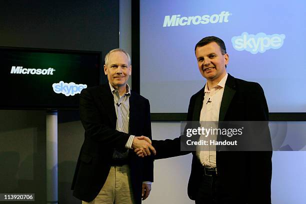 In this handout provided by Microsoft, Kurt DelBene, President of Microsoft Office Division, left, and Neil Stevens, Vice President and General...