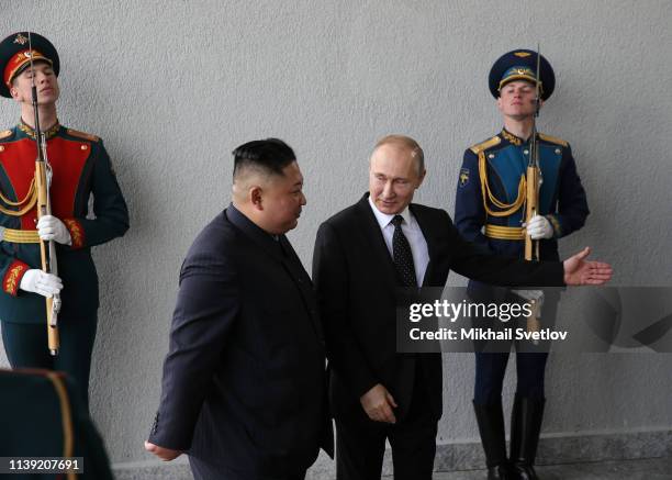 North Korean Leader Kim Jong-un is greeted by Russian President Vladimir Putin on April 25, 2019 in Vladivostok, Russia. Russian President Putin and...