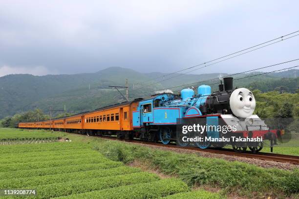 Steam Locomotive of the ‘Thomas The Tank Engine’ runs between Nukuri and Ieyama stations on August 3, 2018 in Shimada, Shizuoka, Japan.