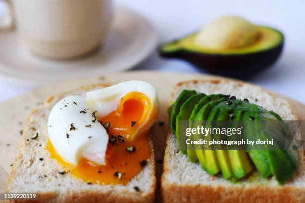 healthy breakfast, wholemeal, avocado and egg - boiled egg stock pictures, royalty-free photos & images