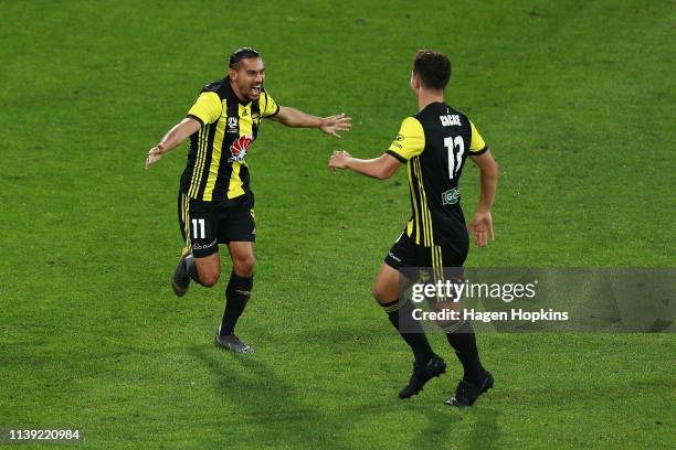 David Williams of the Phoenix celebrates with Liberato Cacace after scoring a goal during the round 23 A-League match between the Wellington Phoenix...