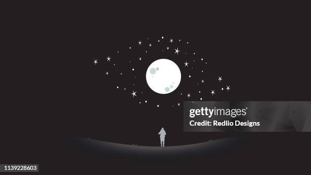 man look up to the sky art - moon and stars stock illustrations