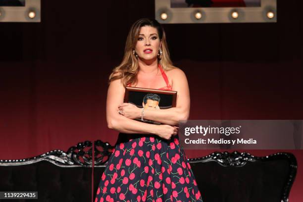 Alicia Machado acting on stage during the premiere for the play 'Divinas' at Lunario del Auditorio Nacional on March 29, 2019 in Mexico City, Mexico.