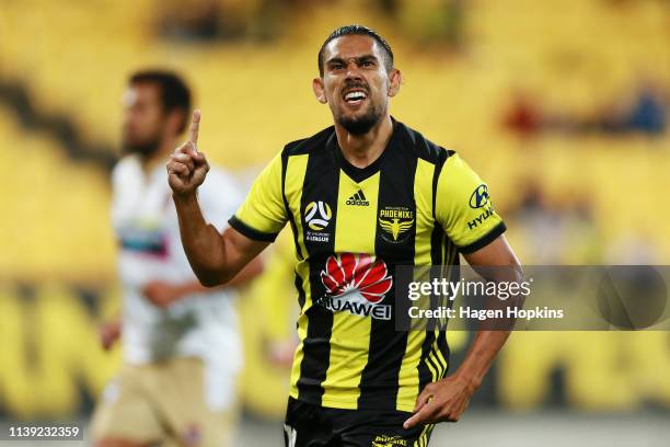 David Williams of the Phoenix celebrates after scoring a goal during the round 23 A-League match between the Wellington Phoenix and Newcastle Jets at...