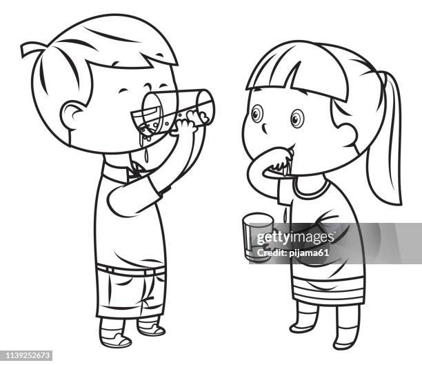 coloring book, little boy and girl drinks water - cartoon drinking stock illustrations