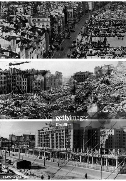 Combo picture dated the 1950's, 1943 and the 1930's of the harbour of the city of Marseille. The city, occupied by the German army from November 1942...