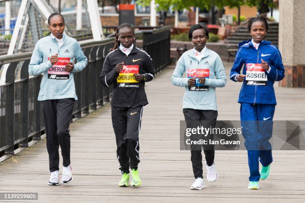 Elite marathon runners Gladys Cherono, Vivian Cheruiyot, Mary Keitany and Brigid Kosgei attend the Elite Women's photocall ahead of Sunday's London...