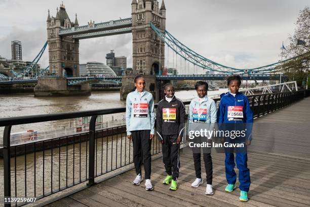 Elite marathon runners Gladys Cherono, Vivian Cheruiyot, Mary Keitany and Brigid Kosgei attend the Elite Women's photocall ahead of Sunday's London...