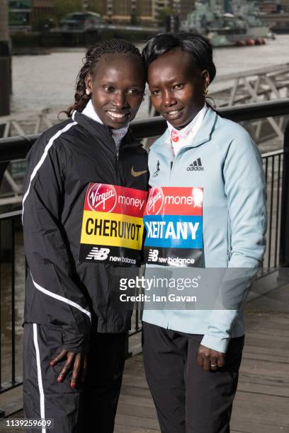 Elite marathon runners Vivian Cheruiyot and Mary Keitany attend the Elite Women's photocall ahead of Sunday's London Marathon at The Tower Hotel on...