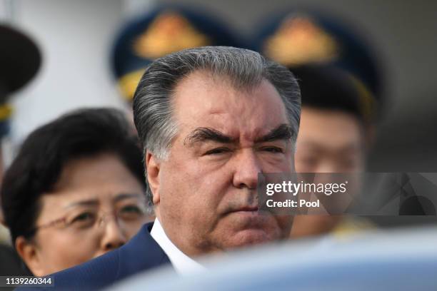 Tajikistan's President Emomali Rahmon arrives at Beijing airport to attend the Belt and Road Forum in the Chinese capital on April 25, 2019 in...