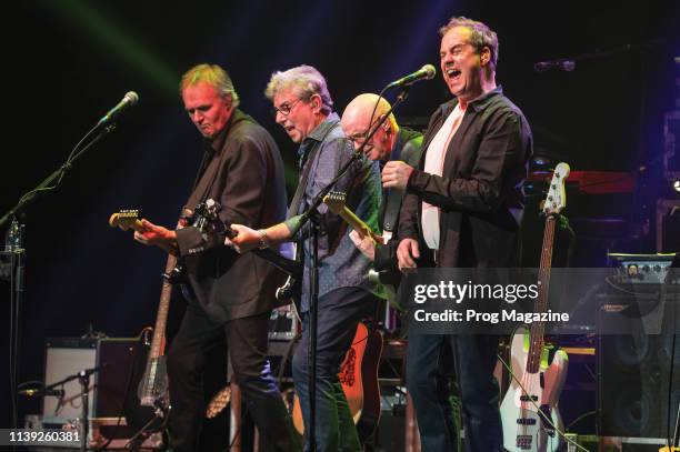 Rick Fenn, Graham Gouldman, Keith Hayman and Mick Wilson of rock group 10cc performing live on stage at the Palladium in London on April 13, 2017.