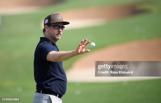 Mikko Korhonen of Finland on the driving range during the third round of the Hero Indian Open at the DLF Golf & Country Club on March 30, 2019 in New...