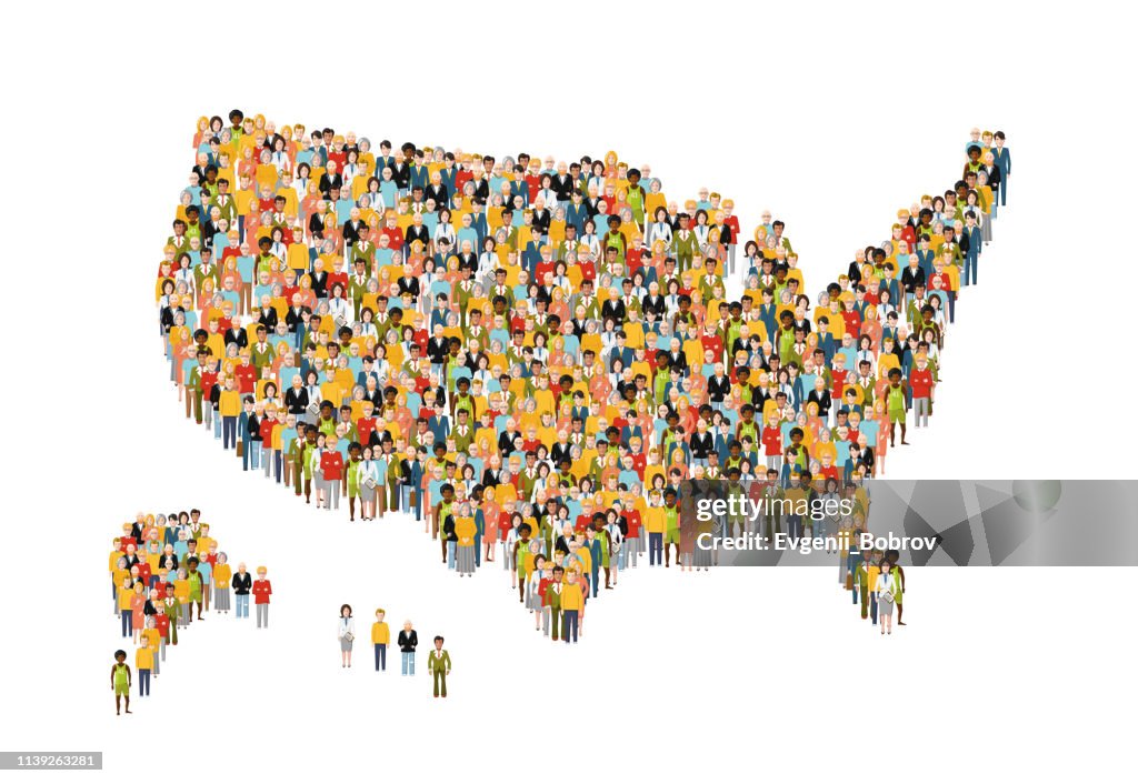 International group of peoples from different social status stand in USA map silhouette isolated on white