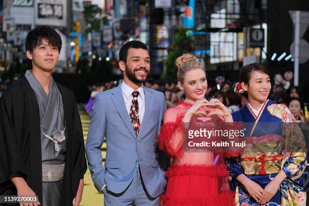 Actor Ryoma Takeuchi, Justice Smith, actress Kathryn Newton and Marie Iitoyo attend the world premiere of 'Pokemon Detective Pikachu' on April 25,...