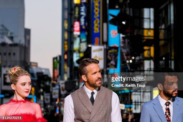 Actress Kathryn Newton, actor Ryan Reynolds and Justice Smith attend the world premiere of 'Pokemon Detective Pikachu' on April 25, 2019 in Tokyo,...