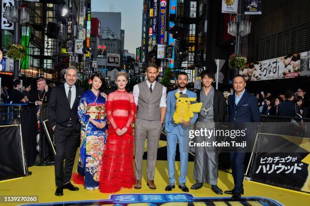 Director Rob Letterman, actress Marie Iitoyo, Kathryn Newton, actor Ryan Reynolds, Justice Smith, Ryoma Takeuchi and Ken Watanabe attend the world...