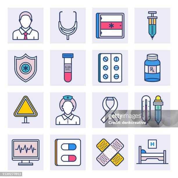 hospital medicine clinics flat line style vector icon set - blood sugar test stock illustrations