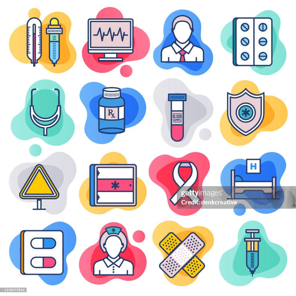 Healthcare Insurance Coverage Flat Line Liquid Style Vector Icon Set