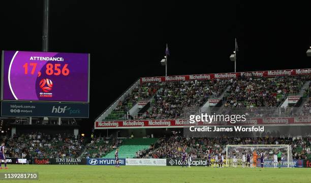 Perth glory's biggest attendance record for game at HBF Park of 17,856 during round 23 match between Perth Glory and Melbourne Victory at HBF Park on...