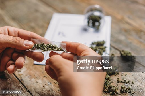 Young adult man rolling a marijuana joint Young adult man rolling a marijuana joint