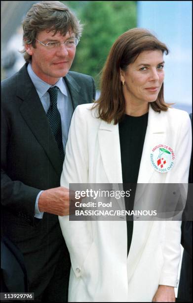 Princess Caroline, prince Ernst August of Hanover, prince Rainier and prince Albert at the opening of the monacan pavilionr of "Hanover 2000" in...