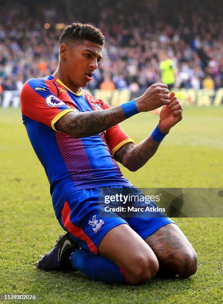 Patrick Van Aanholt of Crystal Palace celebrates after scoring his team's second goal during the Premier League match between Crystal Palace and...