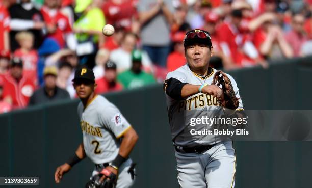 Jung Ho Kang of the Pittsburgh Pirates throws the ball to second base during the second inning of the game against the Cincinnati Reds on Opening Day...