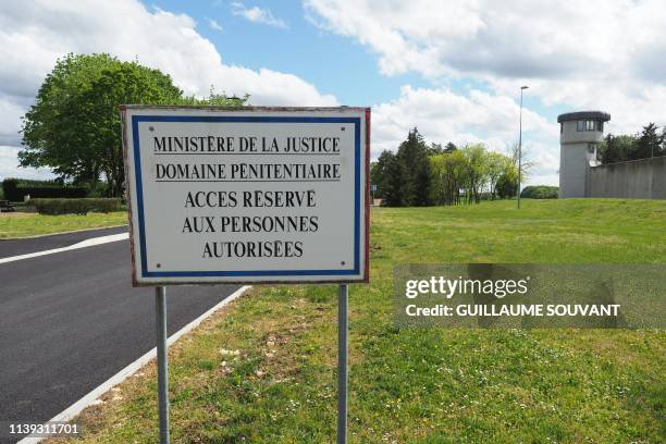 Picture taken on April 25 shows a sign reading in French "Justice Ministry, detention facility, authorised personnel only" at the entrance of the...