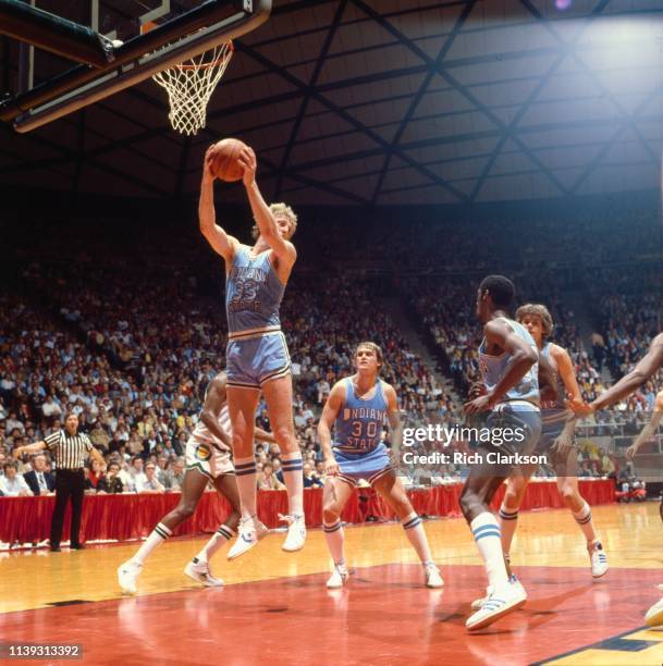 Finals: Indiana State Larry Bird in action, rebound vs Michigan State at Special Events Center. Michigan State defeated Indiana State 75-64 for the...