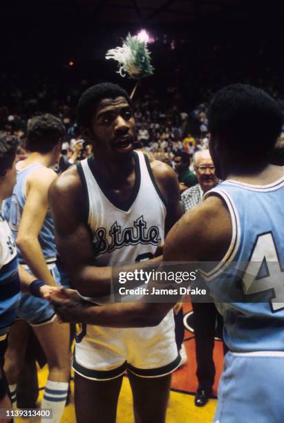 Finals: Michigan State Earvin Magic Johnson on court after winning championship game vs Indiana State at Special Events Center. Michigan State...