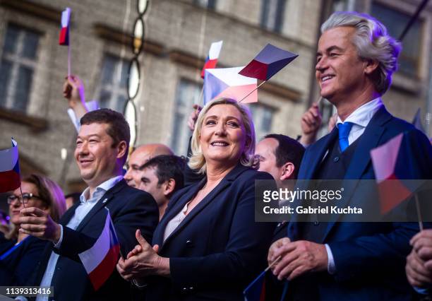 Leader of French National Rally party Marine Le Pen , leader of Czech Freedom and Direct Democracy party Tomio Okamura and leader of Dutch Party for...