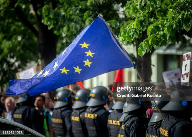 Police stand guard during a meeting of populist far-right party leaders in Wenceslas Square on April 25, 2019 in Prague, Czech Republic. The Czech...