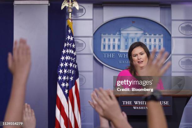 Sarah Huckabee Sanders, White House press secretary, takes a question from a child during a White House press briefing on 'Take Our Daughters And...