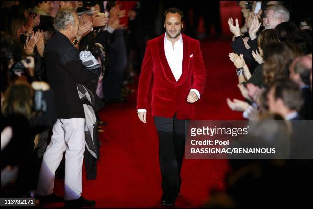Yves Saint Laurent, Fall-Winter 2004-2005 ready-to-wear Fashion Show in Paris, France On March 07, 2004-Tom Ford in his red velvet jacket for his...