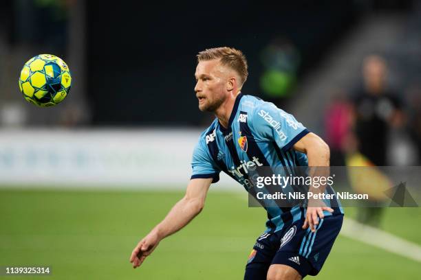 Nicklas Barkroth of Djurgardens IF during the Allsvenskan match between Djurgardens IF and IFK Norrkoping at Tele2 Arena on April 25, 2019 in...