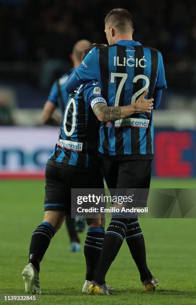 Josip Ilicic of Atalanta BC celebrates after scoring the equalizer via penalty with teammate Alejandro Gomez during the TIM Cup match between...