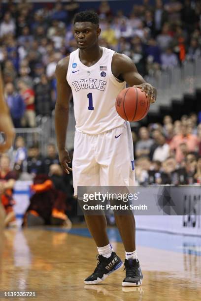 Zion Williamson of the Duke Blue Devils in action against the Virginia Tech Hokies in the East Regional game of the 2019 NCAA Men's Basketball...