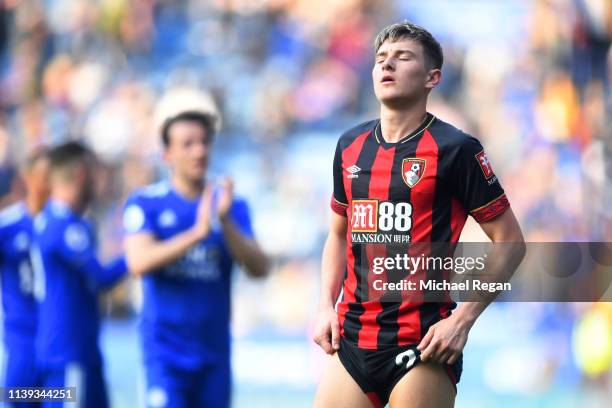 David Brooks of AFC Bournemouth looks dejected after the Premier League match between Leicester City and AFC Bournemouth at The King Power Stadium on...