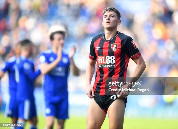 David Brooks of AFC Bournemouth looks dejected after the Premier League match between Leicester City and AFC Bournemouth at The King Power Stadium on...