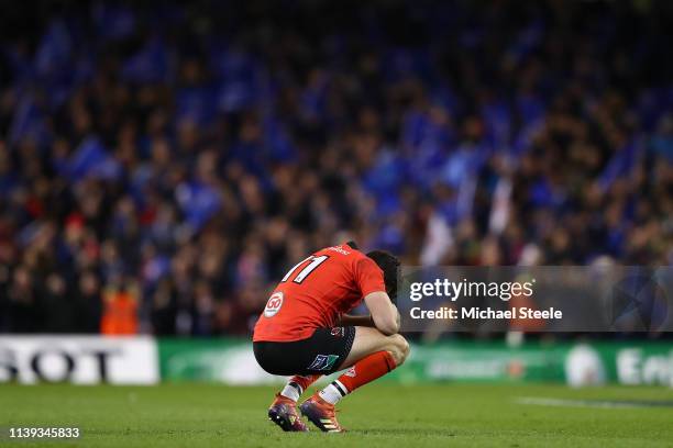 Jacob Stockdale of Ulster is dejected at the final whistle during the Heineken Champions Cup Quarter-Final match between Leinster Rugby and Ulster...