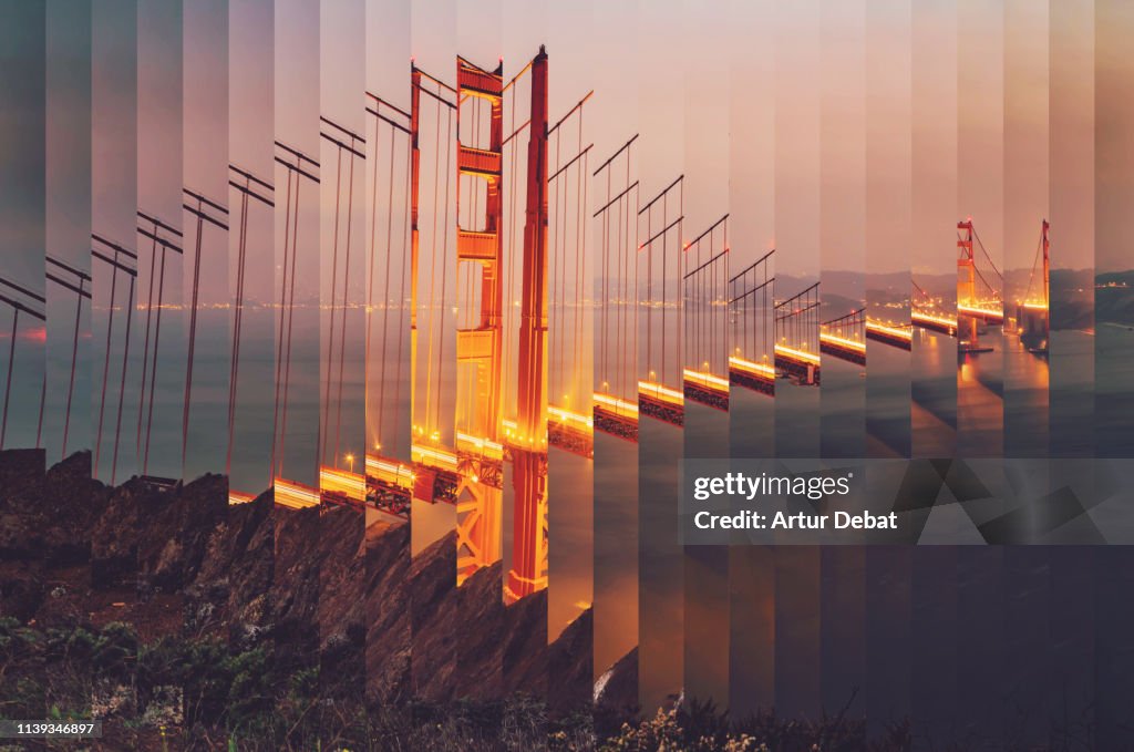 Surreal rearranged strips picture of the Golden Gate bridge at dusk with cool effect.