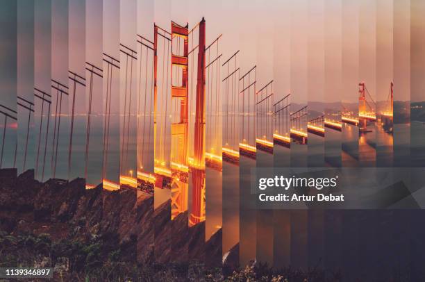 surreal rearranged strips picture of the golden gate bridge at dusk with cool effect. - diminishing perspective 個照片及圖片檔