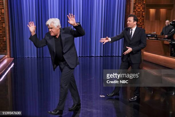 Episode 1056 -- Pictured: Comedian Jay Leno as The Angry Guy I Saw On The Street and host Jimmy Fallon during the Monologue on April 25, 2019 --