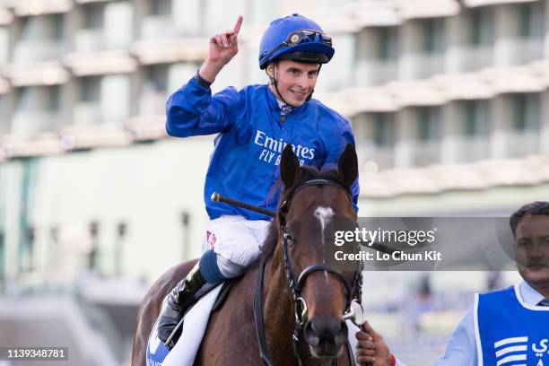 William Buick riding Blue Point wins the Al Quoz Sprint during the Dubai World Cup Day at Meydan Racecourse on March 30, 2019 in Dubai, United Arab...