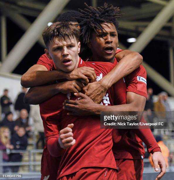 Bobby Duncan of Liverpool celebrates his goal with Yasser Larouci during the FA Youth Cup Final at Manchester City Football Academy on April 25, 2019...